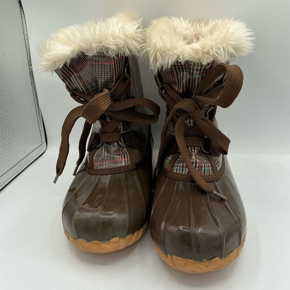 Sporto Plaid Duck Boots, brown rubber shell, faux fur lining size 10